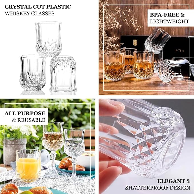 Efavormart 6 Pack Clear Crystal Cut Plastic Stemless Wine Glasses, 8oz Shatterproof Reusable All-Purpose Whiskey Cups