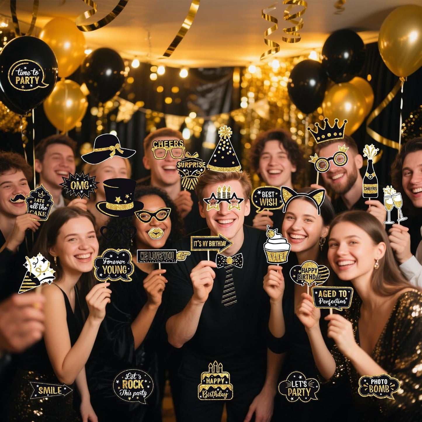 JOJO FLY 36 Pcs Birthday Photo Booth Props Kit, Black and Gold Party Favors, Happy Birthday Party Decorations, Photobooth Funny Cute Holiday Selfie Supplies