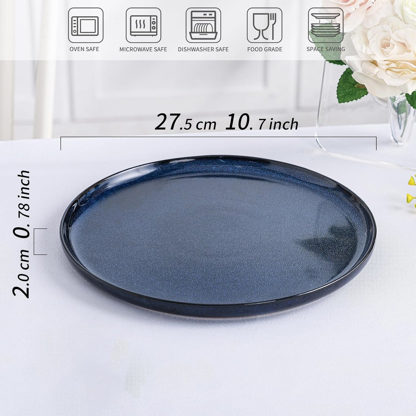 Dinner Plates Set of 4: Ceramic 10.7 Inch Handmade Reactive Glaze Stoneware Plates for kitchen, Modern Dinnerware Plates, Microwave & Dishwasher Safe, Scratch Resistant (Blue)