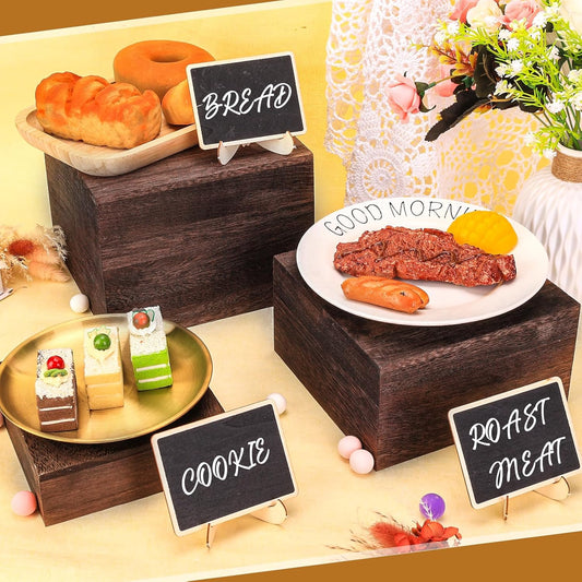6 Pack Wooden Risers Display Stands with Mini Signs Square Food Risers for Buffet Party Rustic Wood Cake & Cupcake Stands Nesting Box Wooden Crates for Display