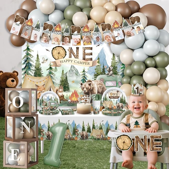 230PCS Camper 1st Birthday Decorations, All-in-1 Supplies Pack, Includes 20 Camper Theme Tableware, Backdrop, High Chair Banner, Tablecloth Balloon Kit for 1st Birthday Party Themes