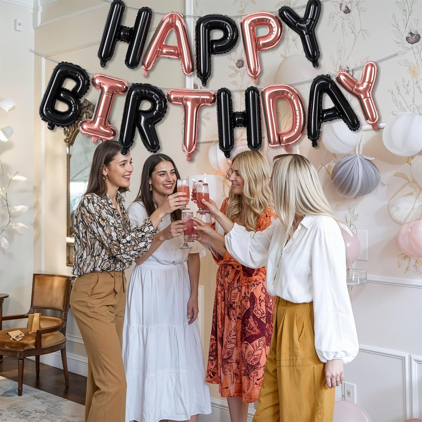 Happy Birthday Balloon Banner Rose Gold, 16 Inch Happy Birthday Foil Black Balloon, Happy Birthday Sign Bunting Banner Self Inflating Letter Balloon for Girls Women Birthday Party Decorations Supplies