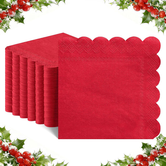 120 Pcs Red Napkins, Scalloped Christmas Napkins Red Cocktail Napkin Beverage Dessert Napkin for Christmas Birthday Wedding Baby Shower, 5 x 5 Inch