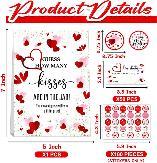 Guess How Many Kisses Baby Shower Game Set - Standing Sign, 50 Guessing Cards, 180 Stickers for Kid's Birthday Party