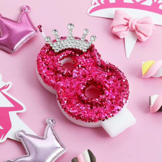 Hot Pink Birthday Candles Crown Number 8 Candle 8th Birthday Party Decorations Cake Topper Cupcake Decor for Anniversary Celebrations Supplies