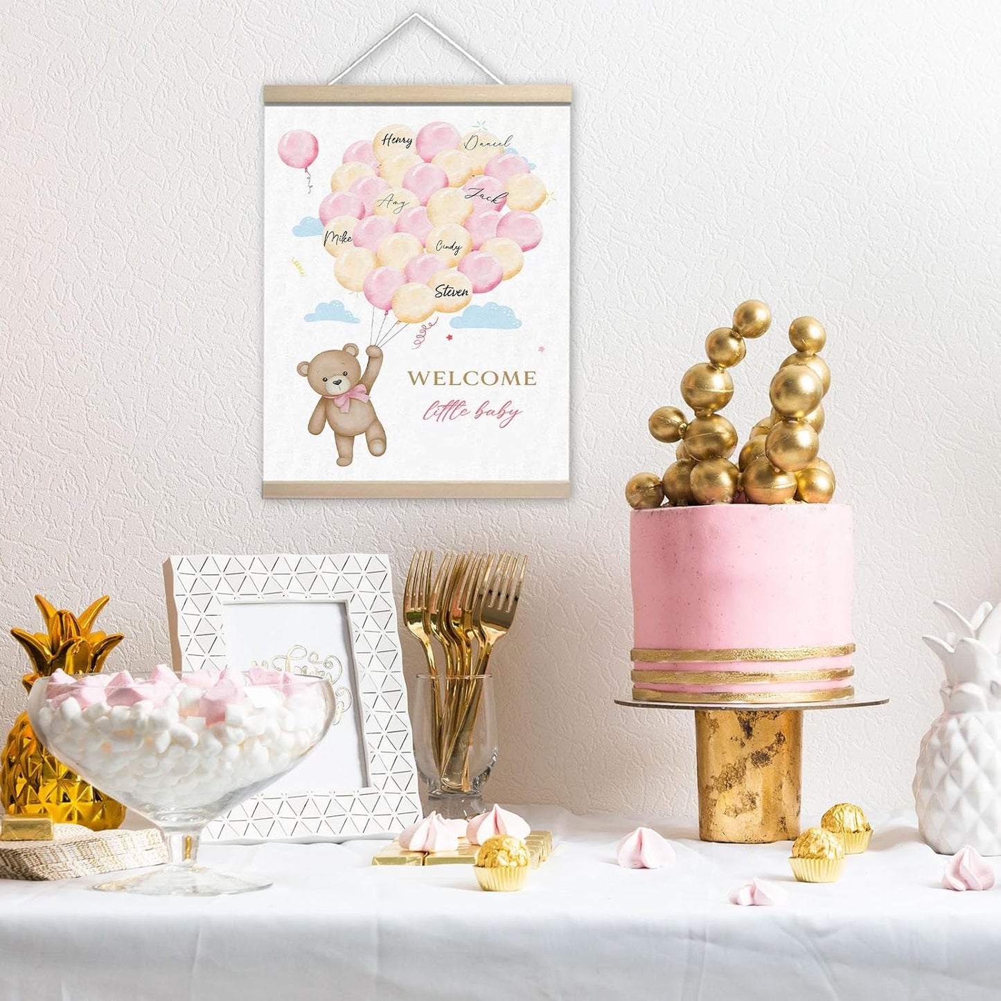 Bear Baby Shower Guest Book Party Ideas for Girl, Baby Shower Wall Sign, Centerpieces Supplies with Pen, Gender Reveal Party Decorations