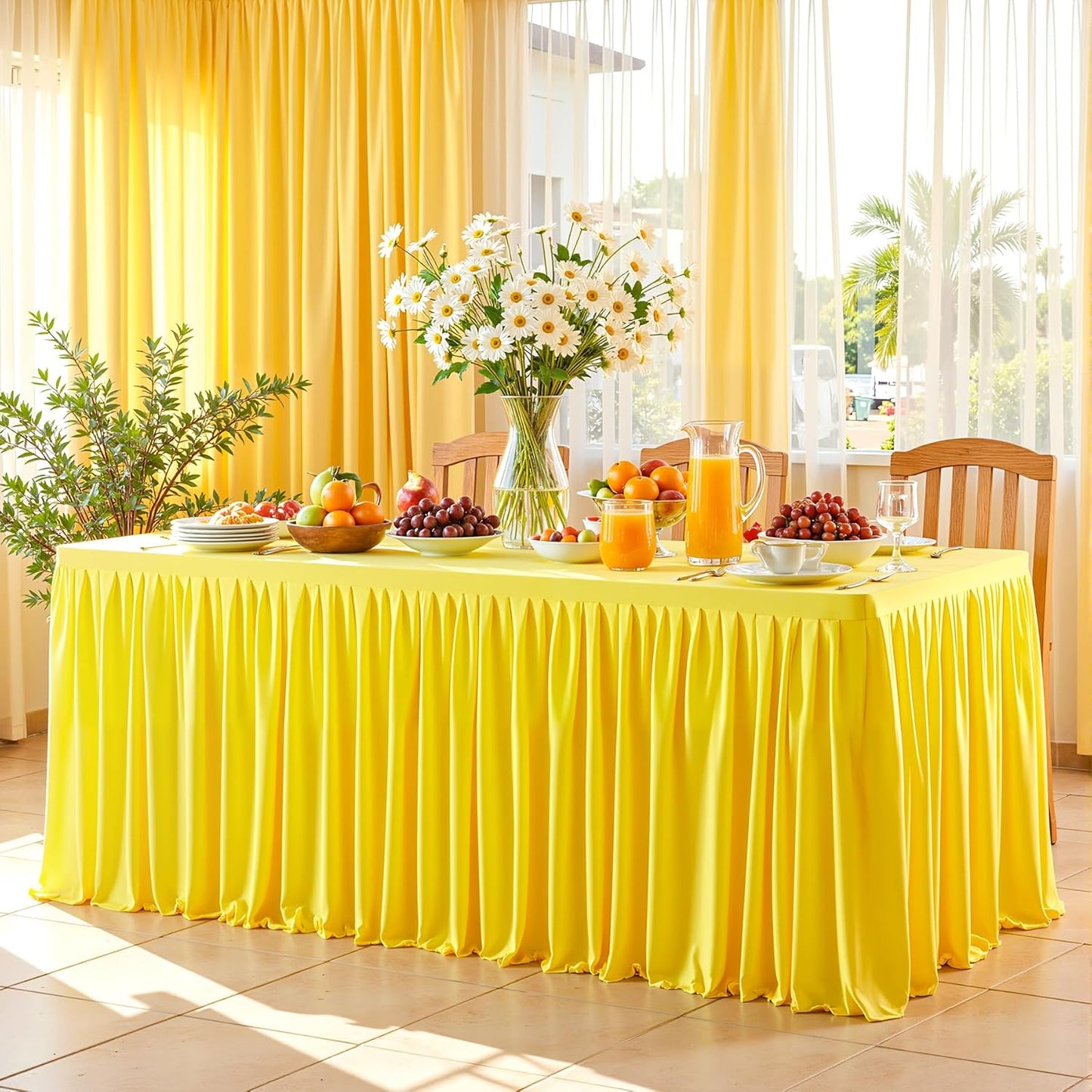 Yellow Table Clothes for Rectangle Tables 6ft, Wrinkle Resistant Fitted Table Cloth with Pleated Ruffle Skirts for Banquet Wedding Baby Shower Folding Tables