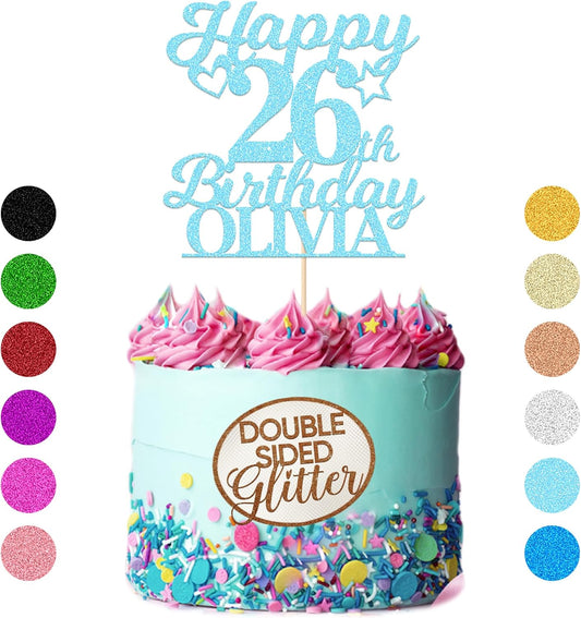 Personalized Happy Birthday Cake Toppers Birthday Cake Topper Gifts for Women Men Custom Glitter Cake Toppers with Any Name & Age for 18th 21st 30th 40th 50th 60th Cake Decorations (Baby Blue)