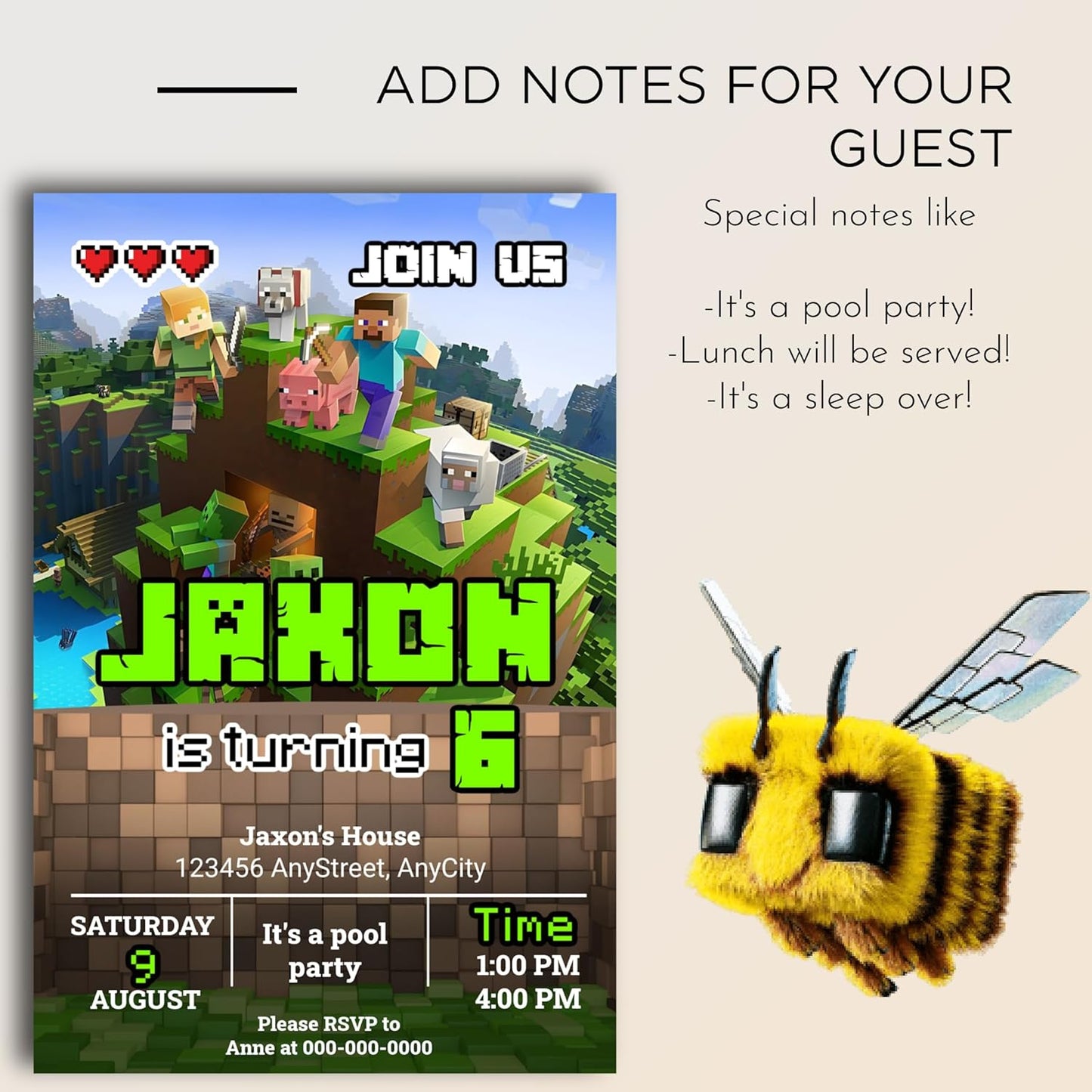Fully Customizable minecraft Birthday Party Invitations, 4 x 6 inches, with Self-Sealing Envelopes, Gaming Theme Design, minecraft Birthday Invitations for Boys and Girls (Minecraft/Game)