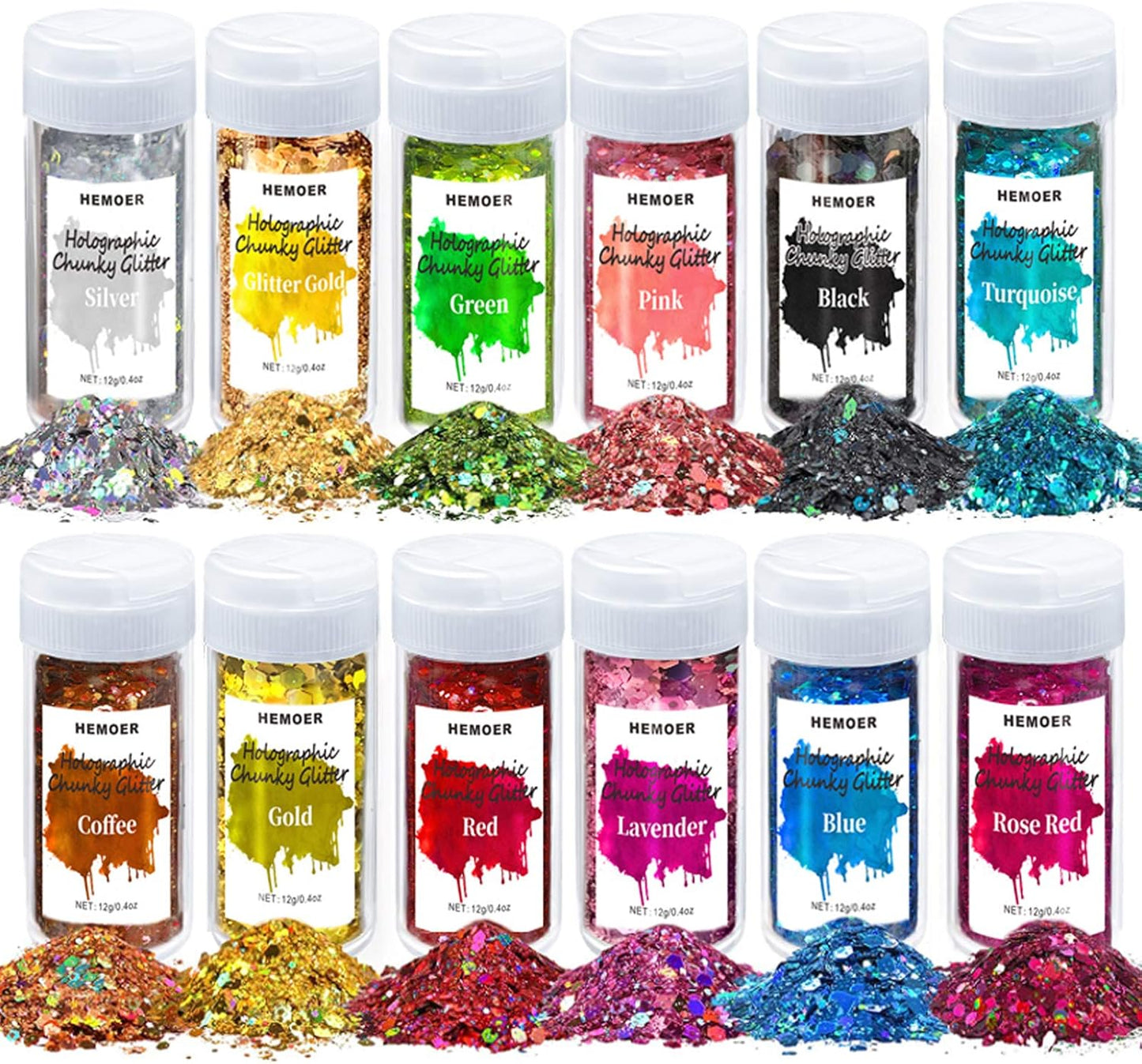 HEMOER Holographic Chunky Glitter, 12 Colors Sparkle Sequins, Mix Exclusive Polyester Glitter Set for Epoxy Resin, Tumblers,Crafts, Makeup, Festival Party Decoration - 0.42oz Each Bottle