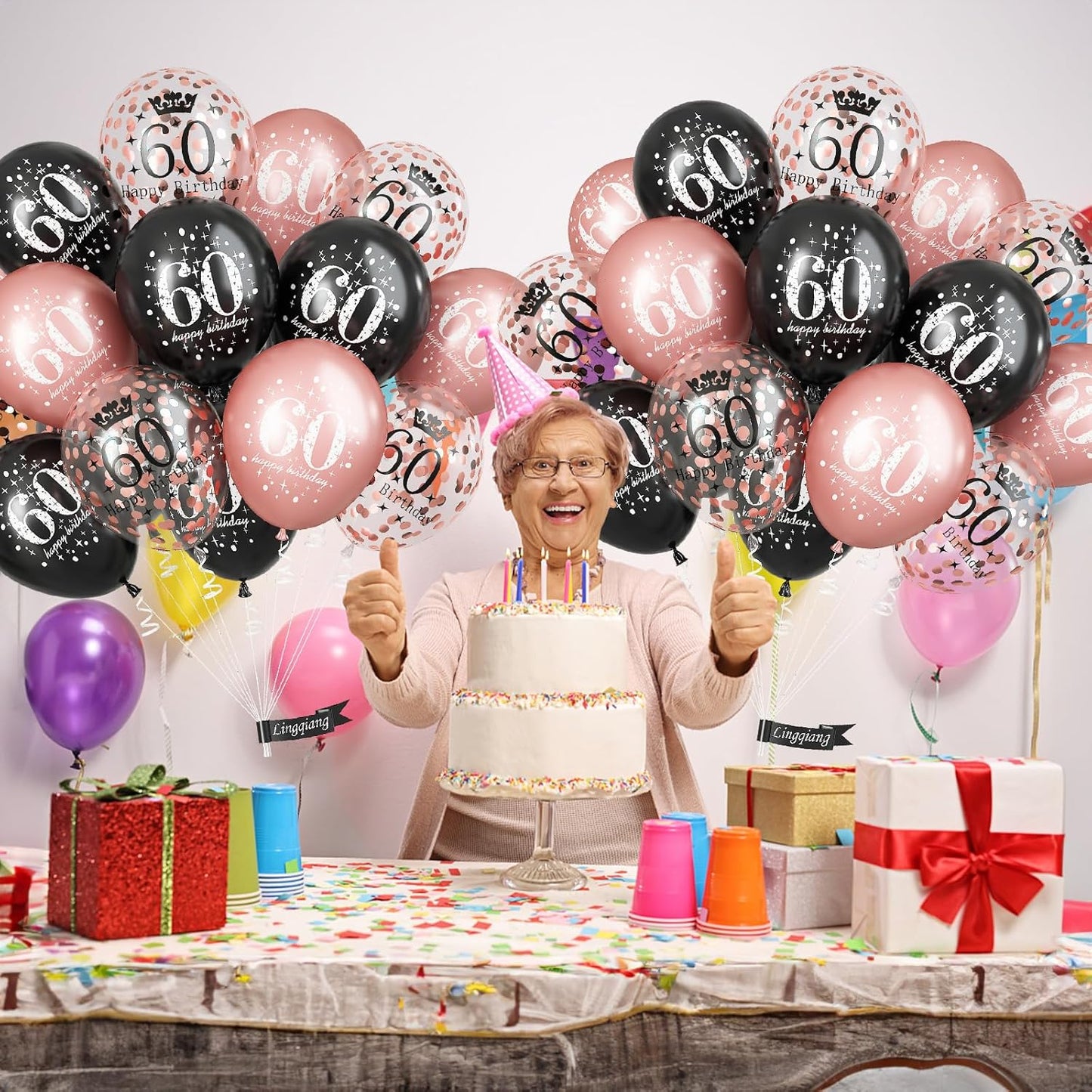 Rose Gold Black Happy 60th Birthday Balloons, 60th Birthday Decorations for Women, Black Rose Gold Confetti 60th Latex Helium Balloons for Age 60 Years Old Birthday Party Decor Celebration Supplies