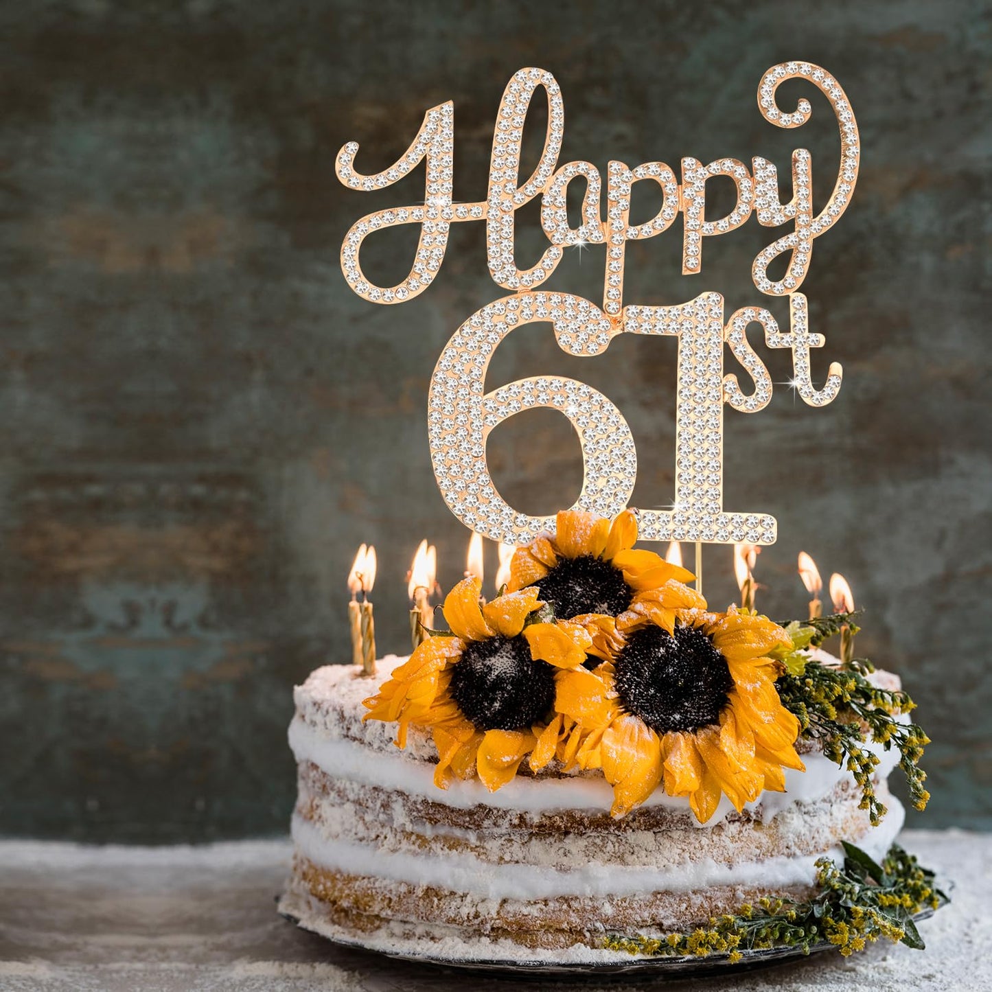 Happy 61st Birthday Decorations,61st Birthday Gold Rhinestone Cake Topper - Cheers to 61 Years Old Bday Party Metal Sparkly Cake Centerpieces Sign.