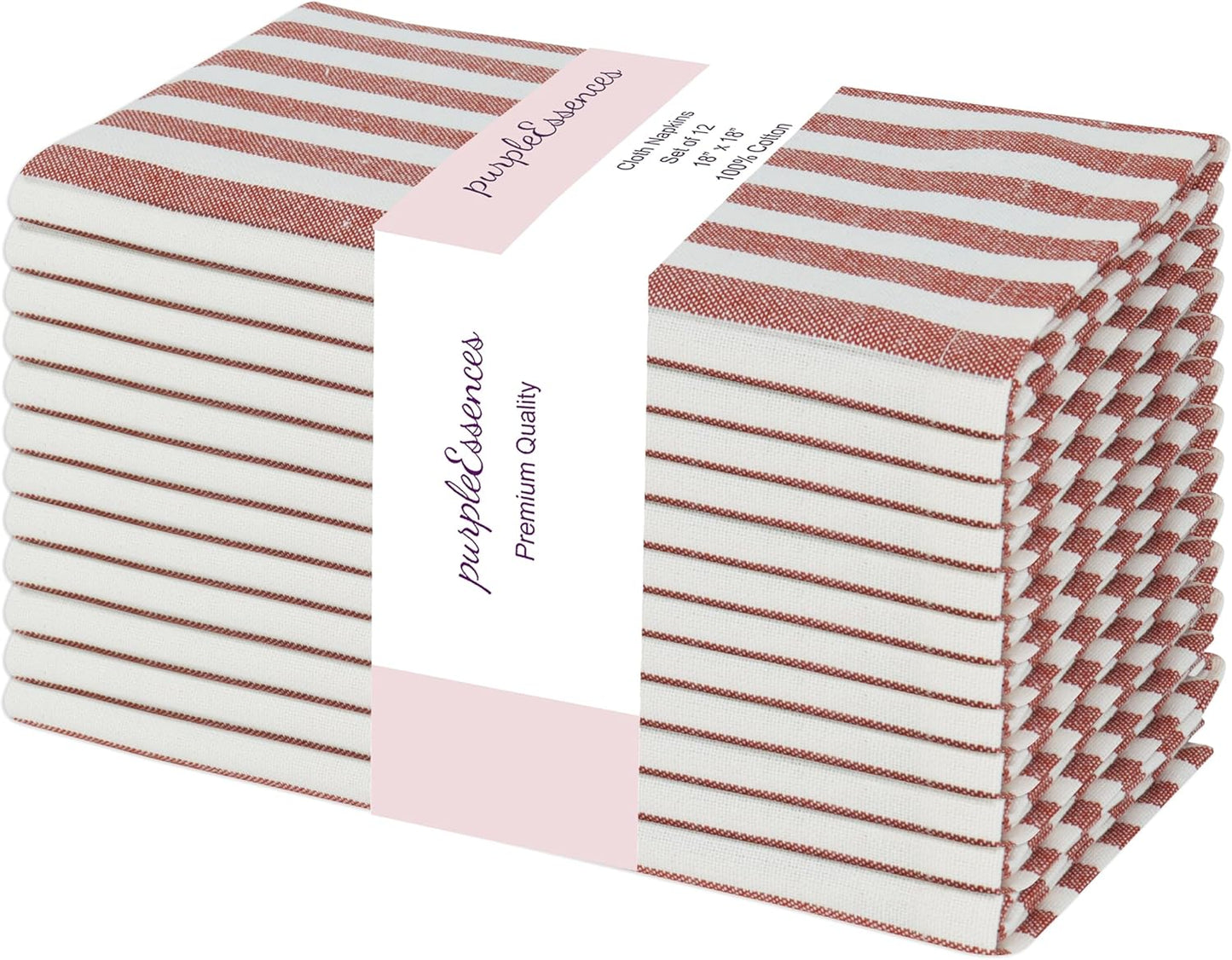 PurpleEssences Plain Striped Cloth Napkins - Set of 12-100% Cotton - 18 x 18 Inch - Fall Thanksgiving - Perfect Everyday Use Dinner Napkin - Royal Rust Ivory