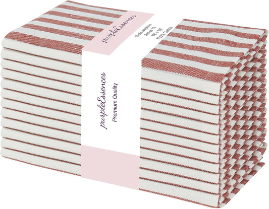 PurpleEssences Plain Striped Cloth Napkins - Set of 12-100% Cotton - 18 x 18 Inch - Fall Thanksgiving - Perfect Everyday Use Dinner Napkin - Royal Rust Ivory