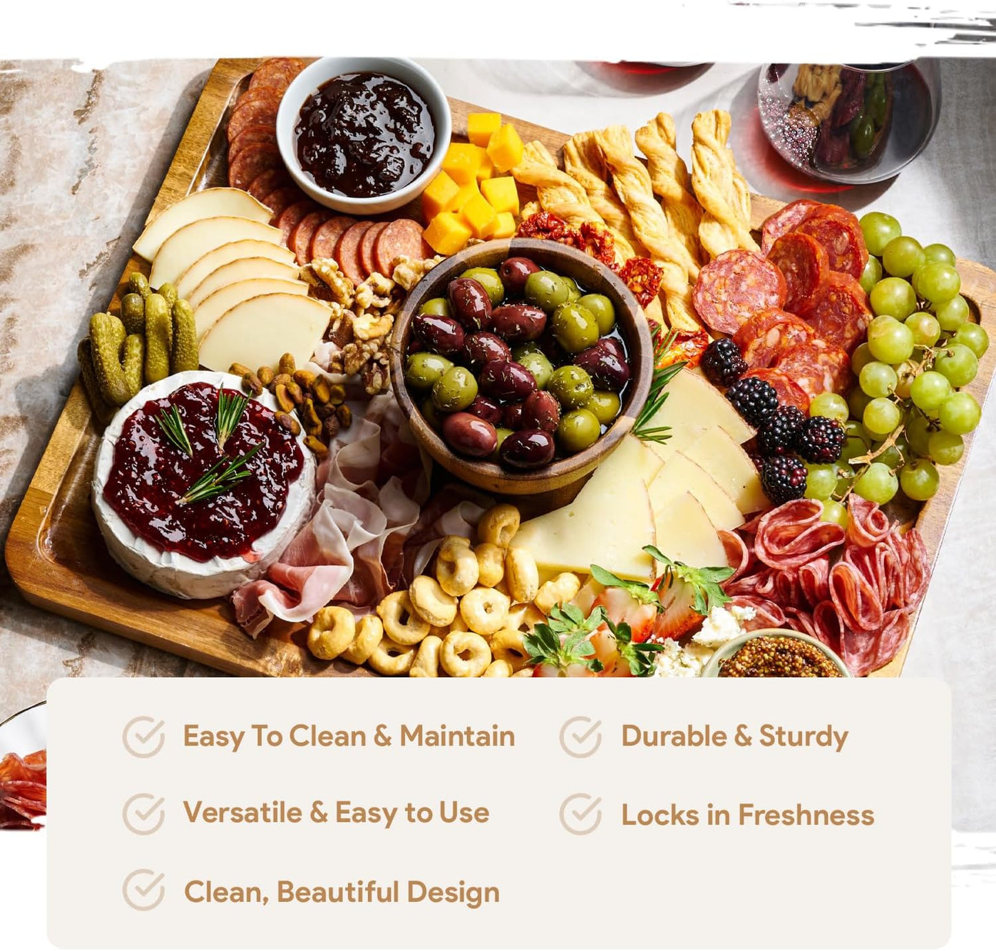 Acacia Wood Cake Stand with Lid - Rectangular Cake Holder, 2-in-1 Dessert Table Display Set & Charcuterie Board for Cheese, Chips, Fruit Platter, Large Acrylic Cake Dome Cover, No Glass