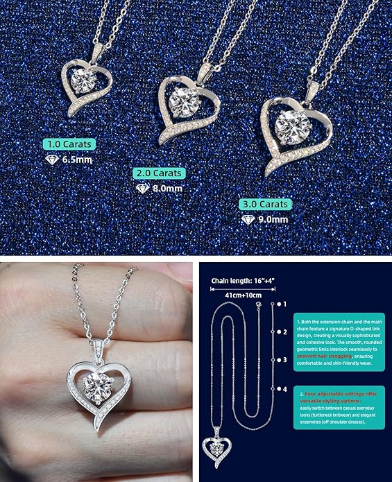 Valentines Day Gifts for Her - Heart Pendent Necklaces for Women, 1-3ct Moissanite Necklace with I love U Engraving - Anniversary Birthday Gifts for Wife, Girlfriend, Mother, 925 Silver Jewelry