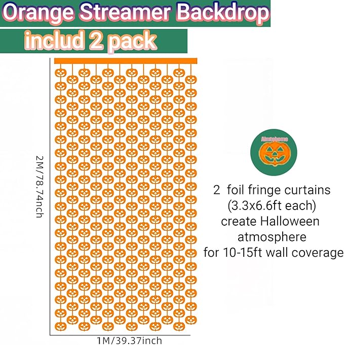Halloween Thanksgiving Party Decorations - 2 Packs Orange Pumpkin Foil Fringe Streamers Curtains for Gothic Evil Birthday Baby Shower Wedding Wall Party Decor(3.3x6.6 ft)