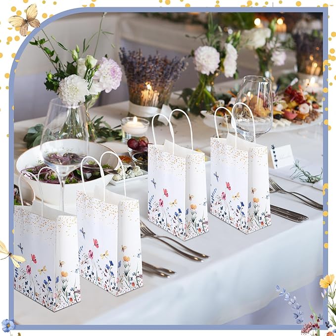 Kolldenn 16 Pcs Wildflower Paper Gift Bags Women Mother's Day Birthday Favor Goodie Candy Bags with Handles for Bridal Engagement Baby Shower Party Supplies