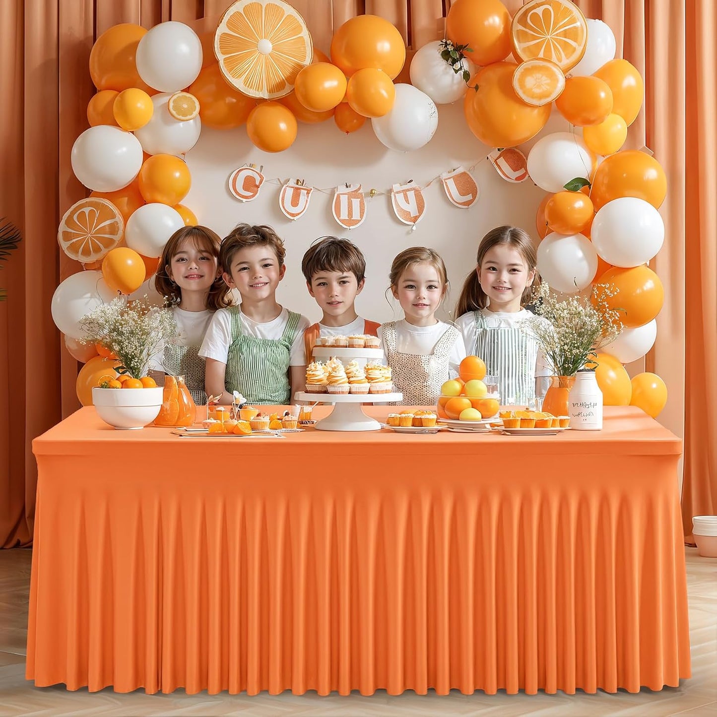 6 Packs Orange Spandex Tableclothes for 6 Foot Rectangle Table, Spandex Table Covers 6FT Stretch Table Skirts Rectangle Wrinkle Free Fitted Tablecover for Event, Wedding, Banquet & Parties