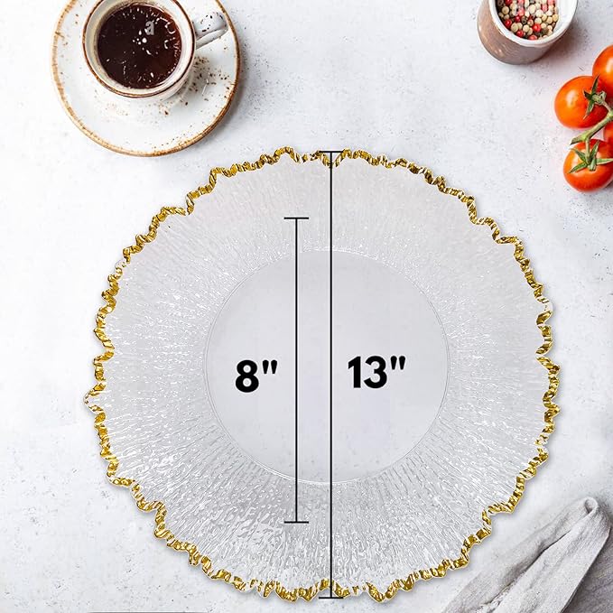 13inch Clear Acrylic Gold Rim Charger Plates,Set of 8, Gold Reef Textured Rim Charger Plates for Dinner,Wedding,Party,Event Decoration.