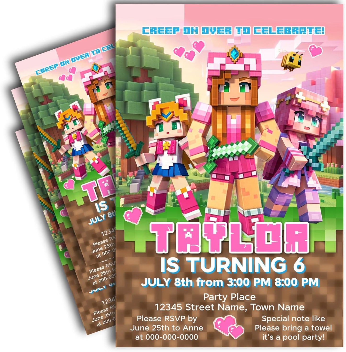 Fully Customizable minecraft Birthday Party Invitations, 4 x 6 inches, with Self-Sealing Envelopes, Gaming Theme Design, minecraft Birthday Invitations for Boys and Girls (Minecraft/Girls)