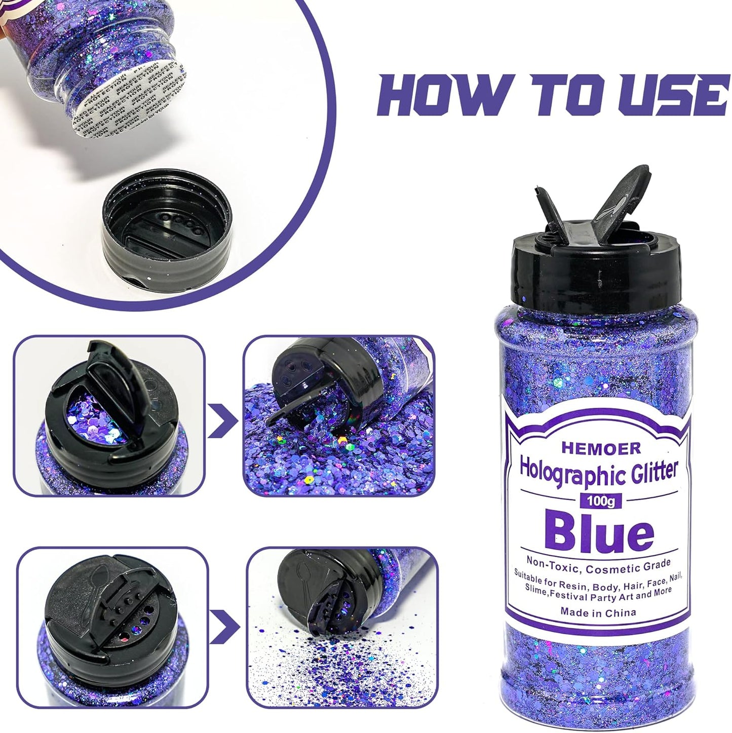 HEMOER Blue Glitter, 100g/3.5oz Holographic Chunky Glitter Mixed Hexagon Chunky & Fine Flakes Iridescent Sequins for Epoxy Crafts, Resin, Nail Body, Tumblers, Party Decoration