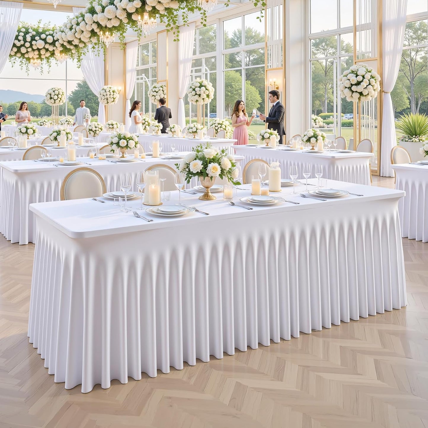 Besutolife White Spandex Tablecloth with Skirt for 6ft Rectangle Tables 2 Packs-Wrinkle-Resistant Stretchable Machine Washable Perfect for Weddings Banquets Birthday Parties Events