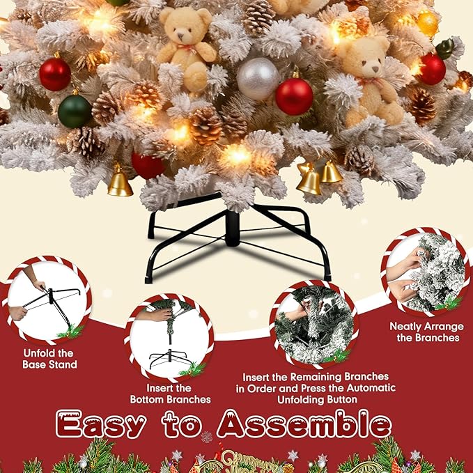 6Ft Warm Christmas Tree,Snow Flocked Artificial Hinged Holiday Christmas Pine Tree,Xmas Tree with 1100 Snow Flocked Branch Tips for Home,Office,Party Decoration