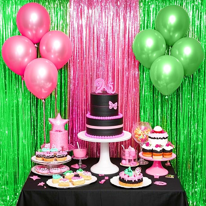 4 Packs Pink and Green Foil Fringe Curtain, Pink Green Metallic Tinsel Backdrop for Birthday, Baby Shower, Princess Bachelorette Party, Witch Party Decorations Supplies