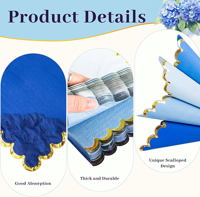 100 Pcs Blue Cocktail Napkins with Gold Foil Scalloped Edges 5 x 5 Inch Dessert Napkins Disposable Thick Paper for Wedding Dinner Birthday Party
