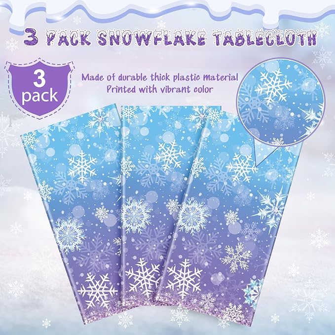 3 Pack Winter Snowflake Plastic Tablecloth Decorations, Blue and Purple Snowflake Winter Wonderland Disposable Table Cover for Christmas Holiday New Year Party Supplies Decorations, 54x108 Inch