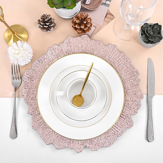 Pesonlook 50Pcs Rose Gold Charger Plates Round 13inch, Reef Plate Chargers for Dinner, Bulk Plastic Floral Table Plates for Dinner Wedding Party Event Table Setting Decoration(Rose Gold)