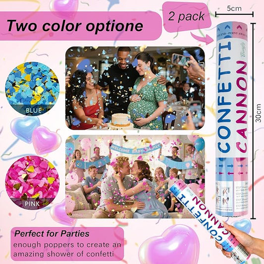 2 Pack Gender Reveal Confetti Cannon, 12 in Pink Round shaped Paper Party Poppers Cannons, Confetti Poppers For Baby Girl Gender Reveal Baby Showers (Heart, Pink)
