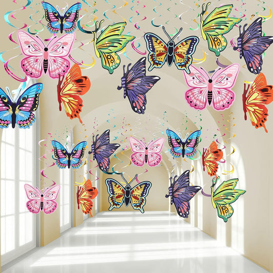 36 Pcs Butterfly Flower Party Decoration Hanging Swirl Streamer Hanging Ceiling Paper Flora Butterfly Decoration for Summer Spring Wedding Home Garden Girl Birthday Baby Shower Tea Party