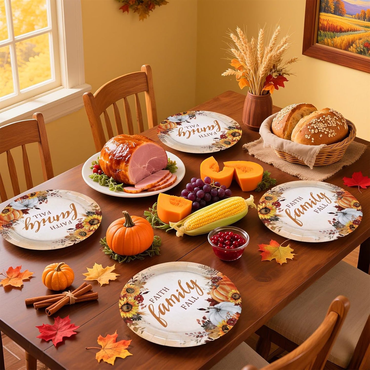 Grencian 50Pcs Fall Faith Family Party Plates 9in Disposable Heavy Duty Fall Pumpkin Sunflower Desert Paper Plates for Autumn Thanksgiving Harvest Reunion Party Decorations Serve 50