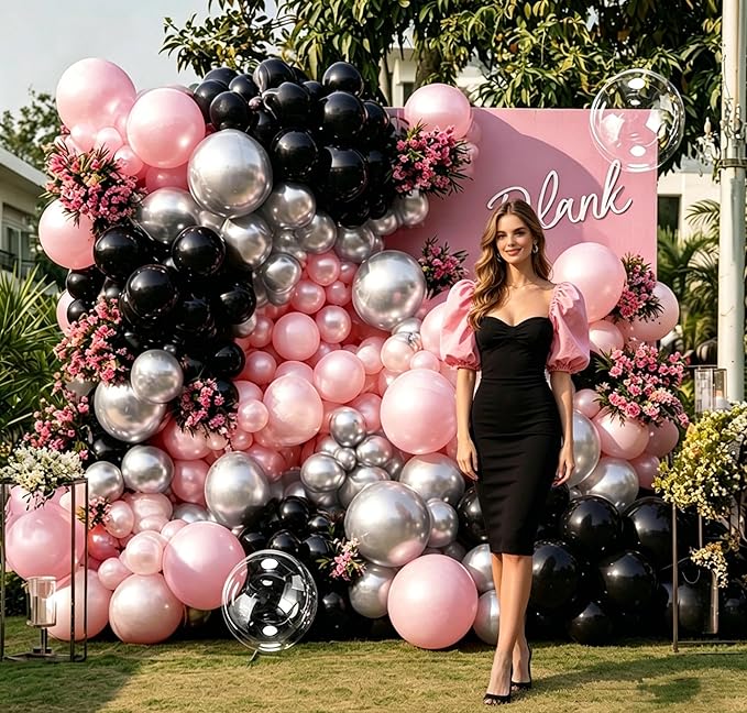 Pearl Pink Black Balloon Arch Kit, Double Stuffed Pastel Baby Pink Blush Silver Balloon Garland for Baby Shower Birthday Bridal Wedding Graduation Mothers Day Women Bachelorette Party Decoration