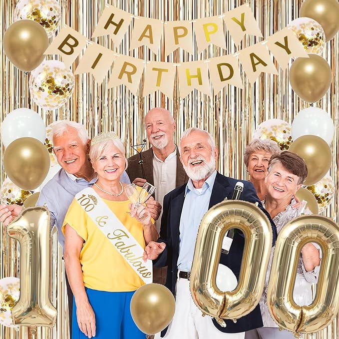 Trgowaul 100th Birthday Decorations for Women, Banner, Sash and Crown, Cake Topper, 100 Number Balloon, Fringe Curtains, Champagne Gold 100th Birthday Party Supplies