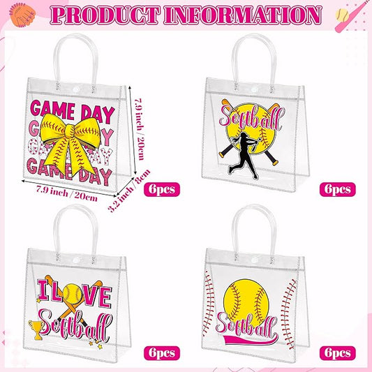 H1vojoxo Softball Goodie Gift Bags - 24PCS Softball Clear PVC Gift Bags for Team Girls with Handle Reusable Sport Party Favors Team Birthday Gifts Bag Treat Snack Bag for Girls End of Season Gifts Bag