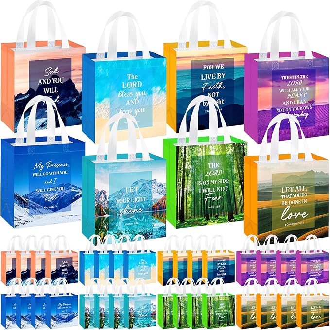 HunnmingRe 32 Pcs Christian Gift Bags Bulk, Easter Reusable Scene Religious Bible Verse Tote with Handles Non Woven Scripture Pastor Blessing Gift for Baptism Church Wedding Favors