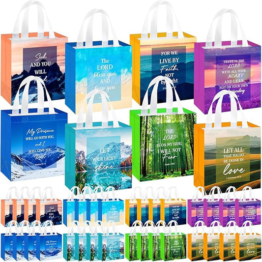 HunnmingRe 32 Pcs Christian Gift Bags Bulk, Easter Reusable Scene Religious Bible Verse Tote with Handles Non Woven Scripture Pastor Blessing Gift for Baptism Church Wedding Favors