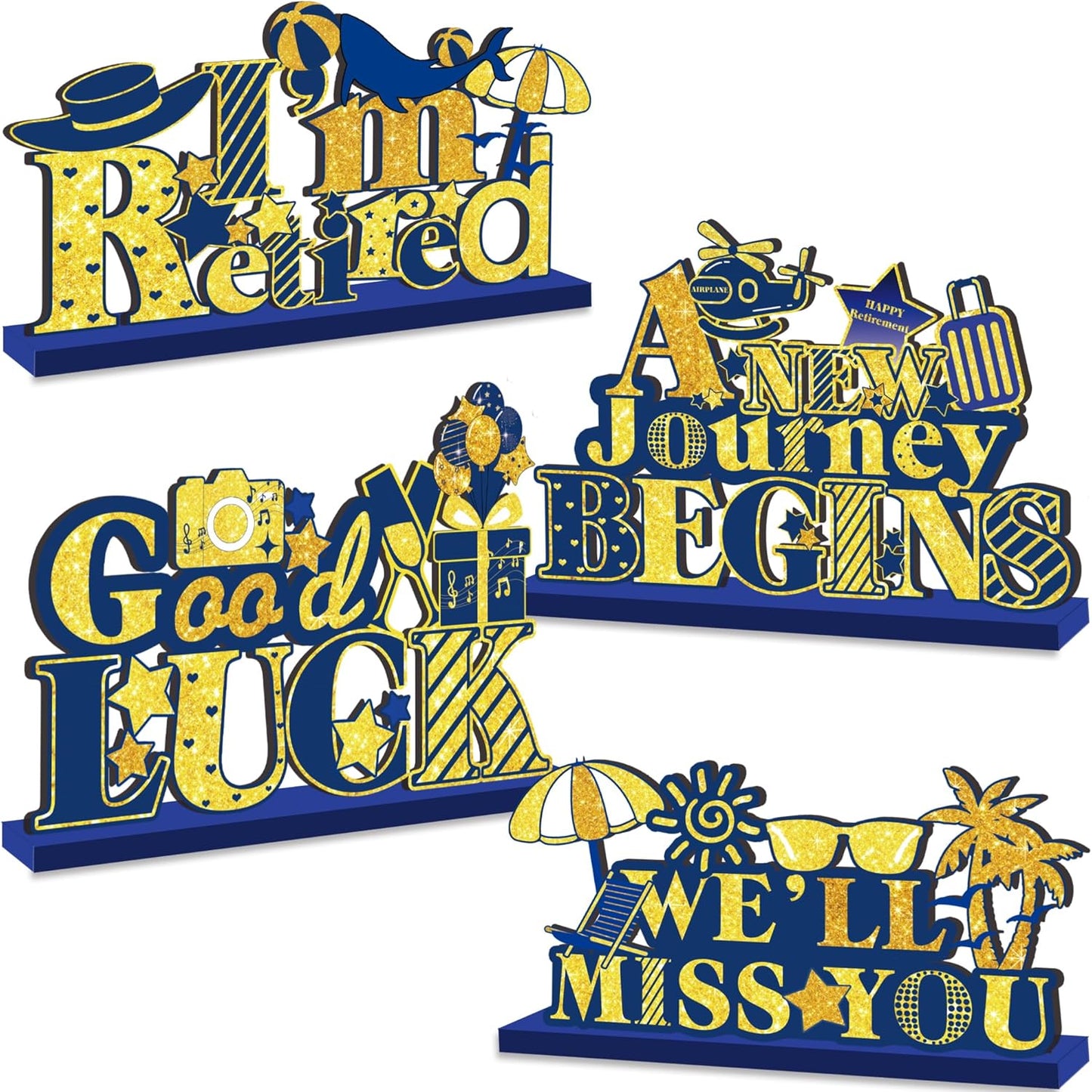 4Pcs Retirement Party Decorations Wooden Table Sign, Blue Gold Retirement Wooden Table Centerpieces Party Supplies, Retired Theme Farewell Sign, Retirements Gift We'll Miss You Decor (blue)