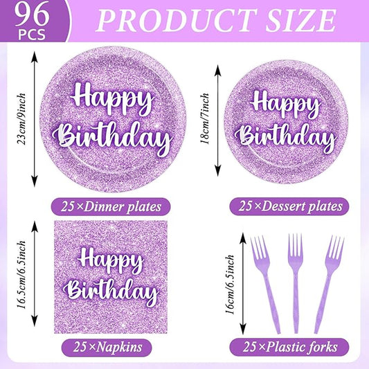 96PCS Purple Glitter Birthday Party Plates and Napkins Purple K-pop Tableware Party Paper Plates Glitter Disposable Dinnerware Parties Set for Girls Women Birthday Sprinkle Anniversary Decorations