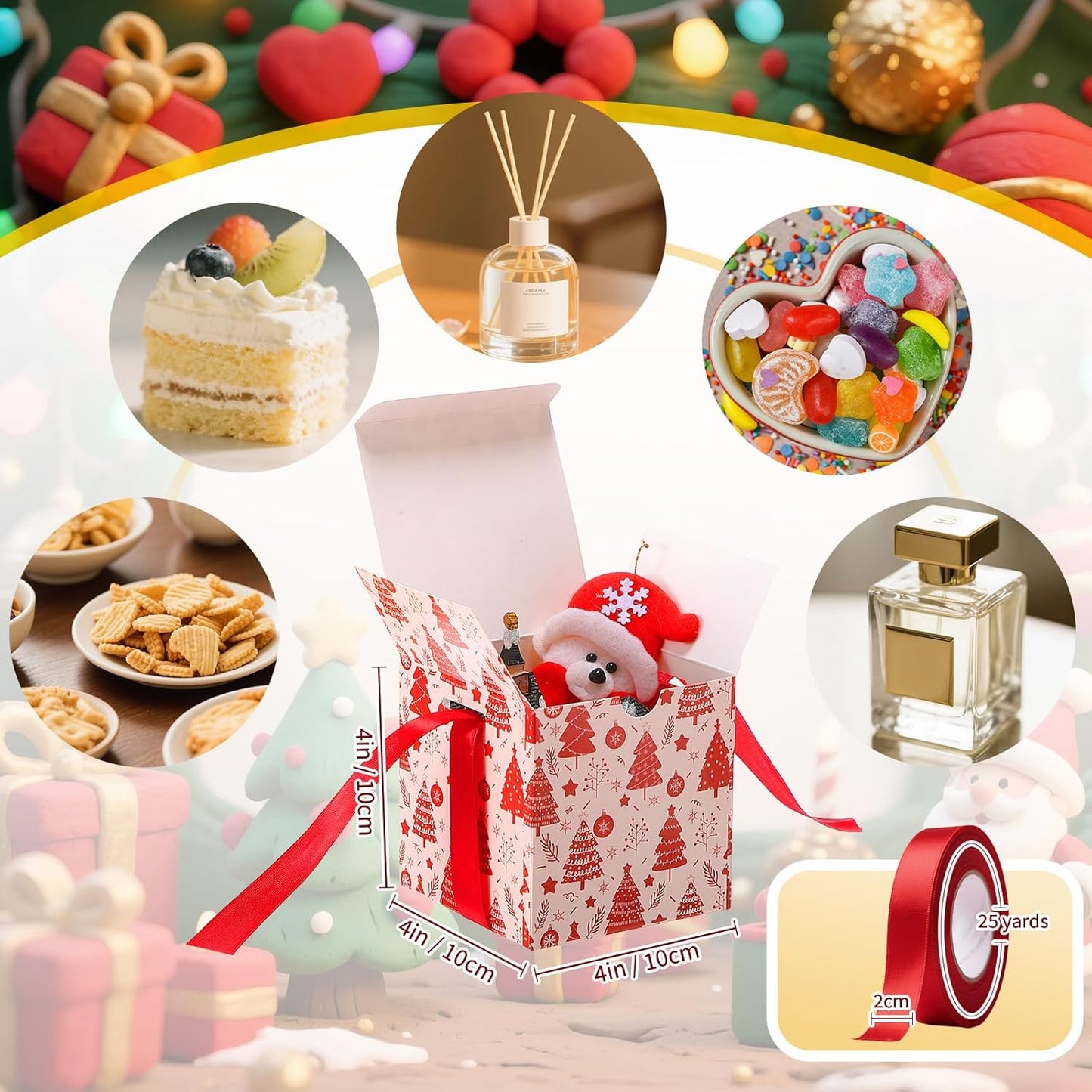 Dispowreath 48 Pcs 4x4x4 Christmas Gift Boxes with Ribbon Xmas Small Box with Lids Treat Boxes for Gift Wrapping Ornaments Wedding Holiday Birthday Party Favor(Tree)