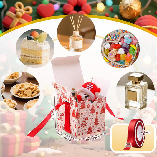 Dispowreath 48 Pcs 4x4x4 Christmas Gift Boxes with Ribbon Xmas Small Box with Lids Treat Boxes for Gift Wrapping Ornaments Wedding Holiday Birthday Party Favor(Tree)