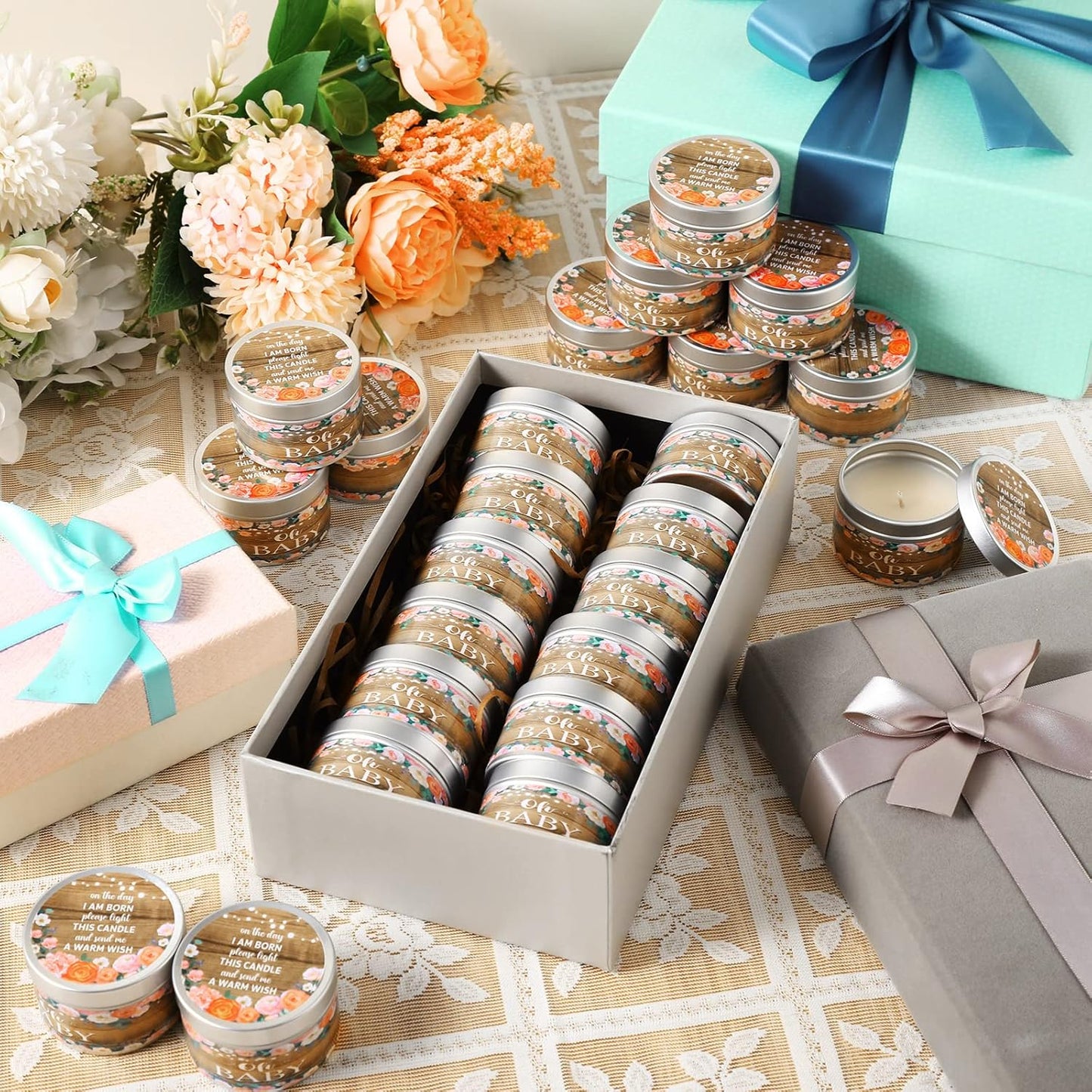 MTLEE 24 Pcs Wood Grain Baby Shower Party Favors Candles Lavender Scented Baby Shower Favors for Guests Rustic Tealights Candles Gender Reveal Return Gifts Girl Boy(1.2 Oz, Khaki)