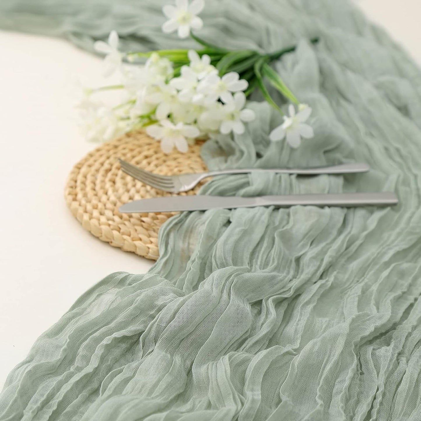 DOLOPL 8PCS St. Patricks Day Table Runner Sage Green Cheesecloth Boho Gauze 13.3ft Rustic Sheer Runner 160inch Long for Wedding Bridal Baby Shower Party Decorations