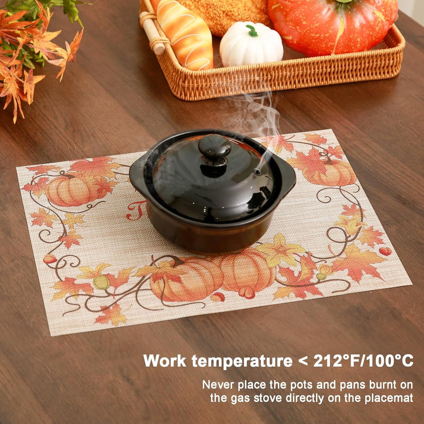 Thanksgiving Placemats Set of 6 Fall Place Mats Pumpkin Maple Leaves Table Mats Washable Non-Slip Heatproof Woven Placemats for Dining Table (17.7" X 11.8")