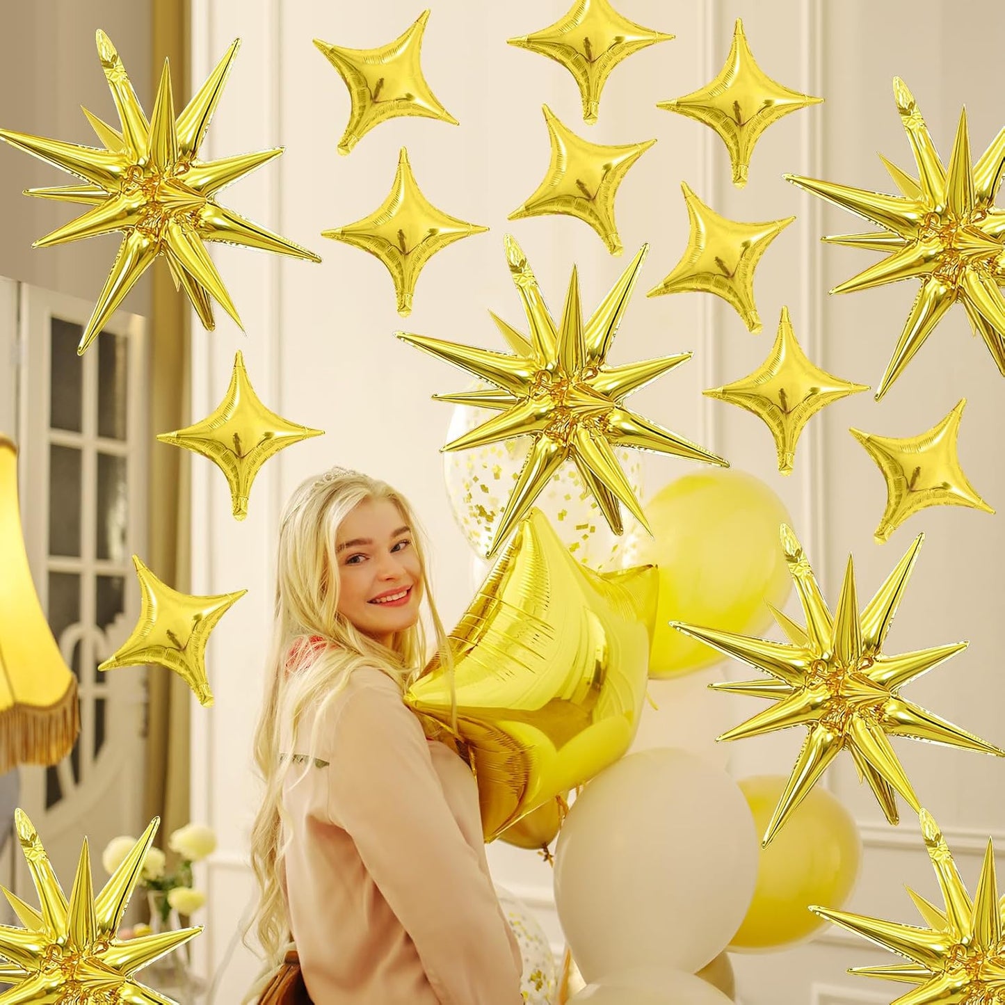 Gold Star Balloon,Gold 6Pcs 22Inch Explosion Star Balloons and 10Pcs 10Inch Four Angle Balloons Kit for Birthday Graduation Anniversary Baby Shower Wedding Party Decorations
