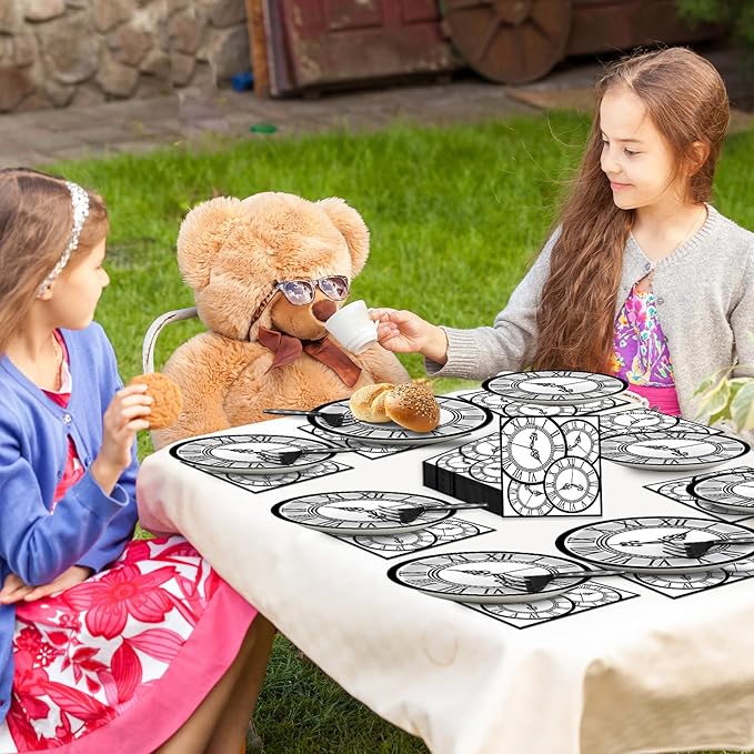 96PCS Wonderland Tea Party Paper Plates and Napkins Wonderland Disposable Dinnerware Clock Theme Tableware for Tea Baby Shower Garden Afternoon Birthday Gatherings Decorations
