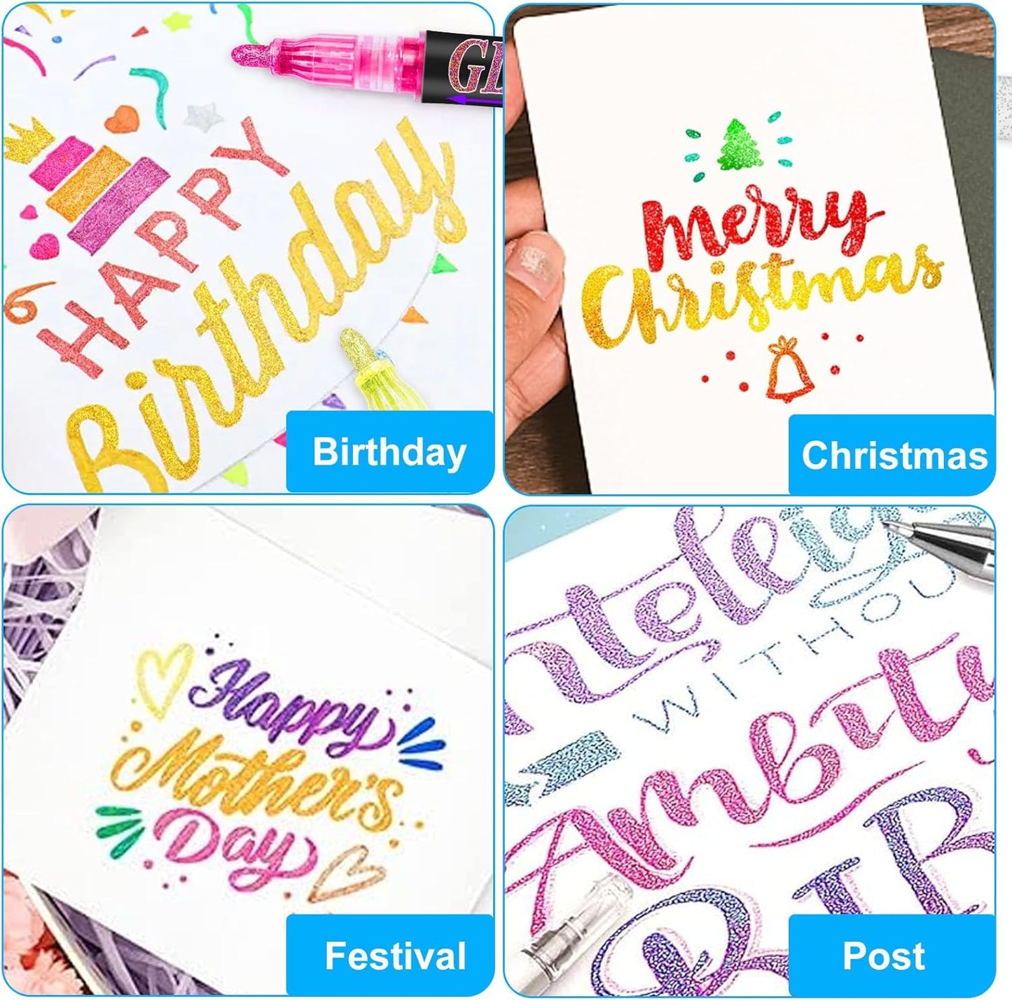 Glitter Marker Pens, 12 Colors Metallic Shimmer Glitter Markers Paint Pens, Glitter Art Marker for Kids Adults DIY Crafts Greeting Birthday Cards Making Poster Album Scrapbooking Wood